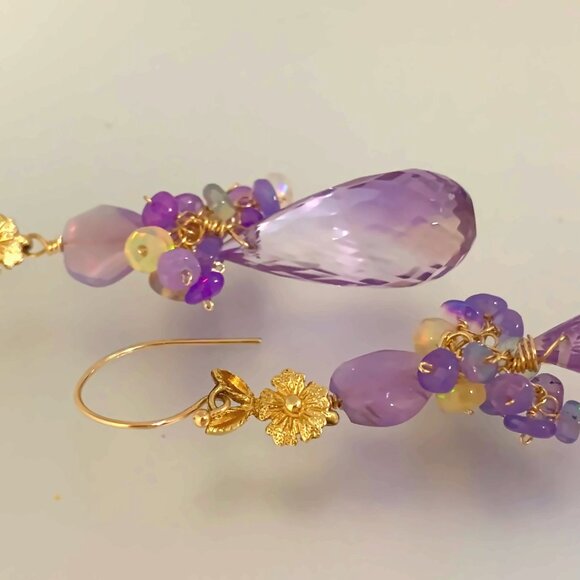 14K Gold Pink Amethyst Opal Gemstone Briolette Earrings - Picture 7 of 7